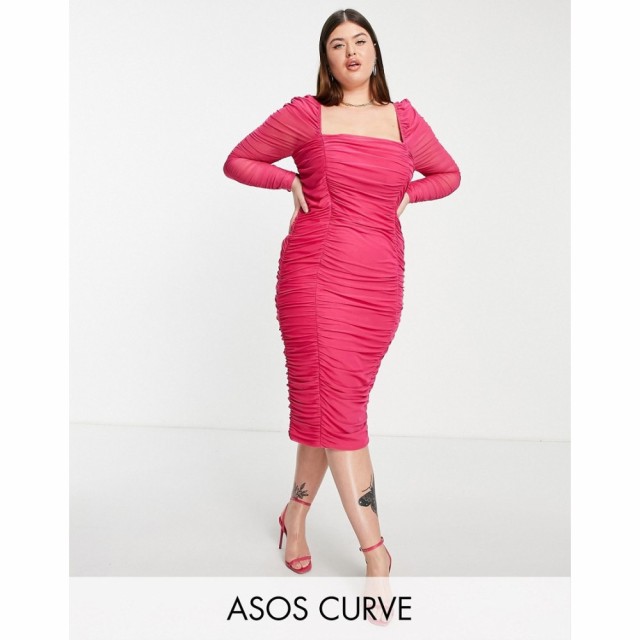 エイソス ASOS Curve レディース ワンピース ミドル丈 ワンピース・ドレス Curve Mesh Ruched Midi Dress With Puff Sleeve In Pink ピン