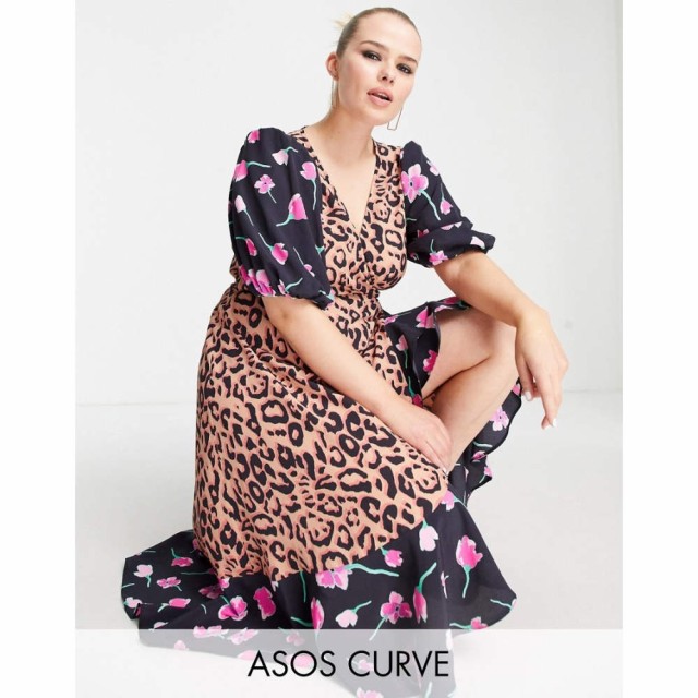 エイソス ASOS Curve レディース ワンピース ラップドレス ミドル丈 Curve Midi Wrap Dress With Puff Sleeves In Mixed Animal And Flow