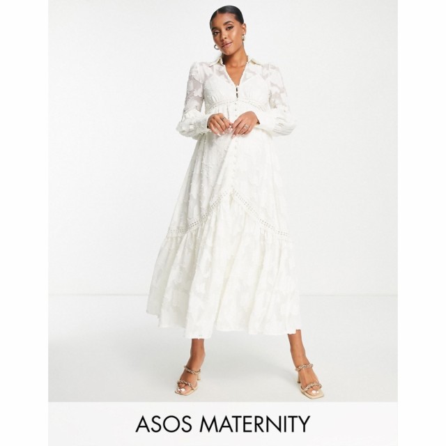 エイソス ASOS Maternity レディース ワンピース Maternity Button Through Midi Shirt Dress With Lace Inserts In Burnout In Cream