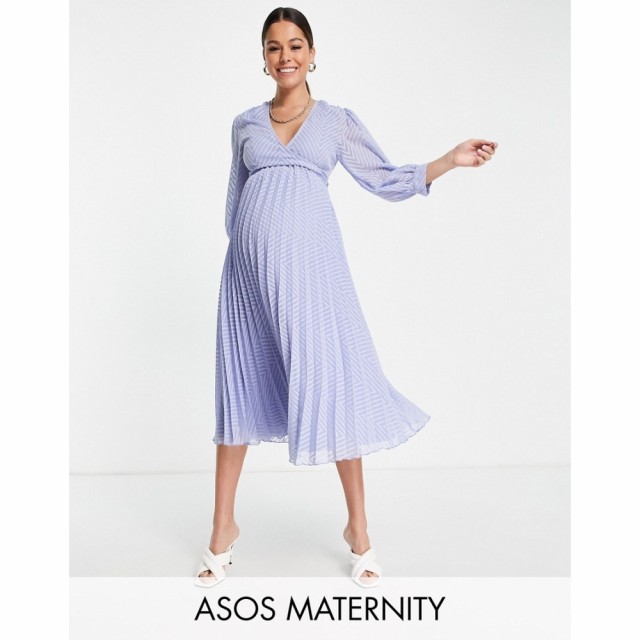 エイソス ASOS Maternity レディース ワンピース Maternity Nursing Pleated Tie Wrap Around Midi Dress In Chevron Dobby In Dusky Blu