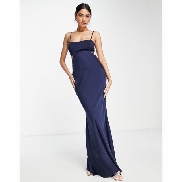 エイソス ASOS DESIGN レディース ワンピース マキシ丈 ワンピース・ドレス Satin Maxi Dress With Cut Out And Tie Back Detail ネイビ