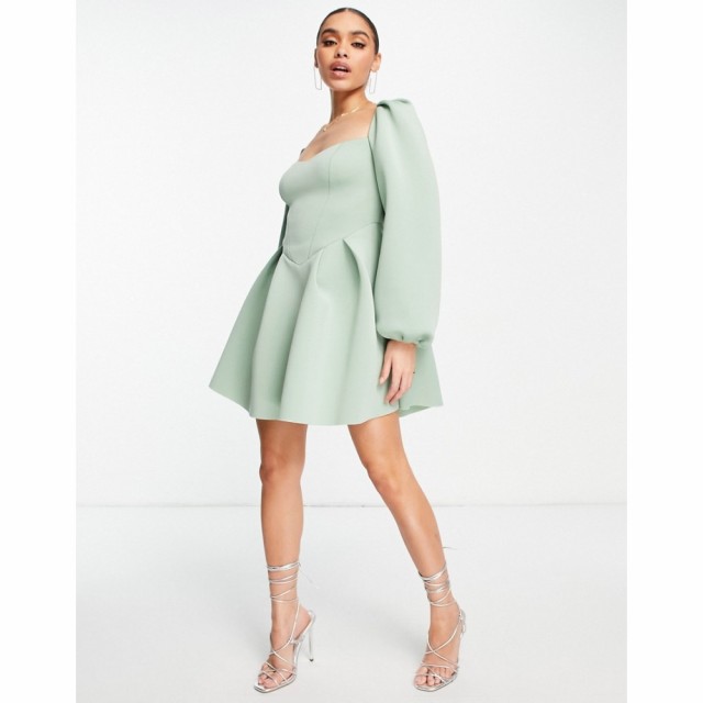 エイソス ASOS DESIGN レディース ワンピース Aライン ミニ丈 Long Puff Sleeve Mini Skater Dress With Sweetheart Neckline In Sage セ