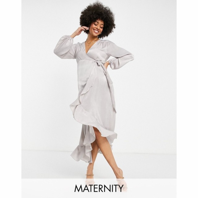 フラウンスロンドン Flounce London Maternity レディース ワンピース ラップドレス マキシ丈 Satin Long Sleeve Wrap Maxi Dress In Ash