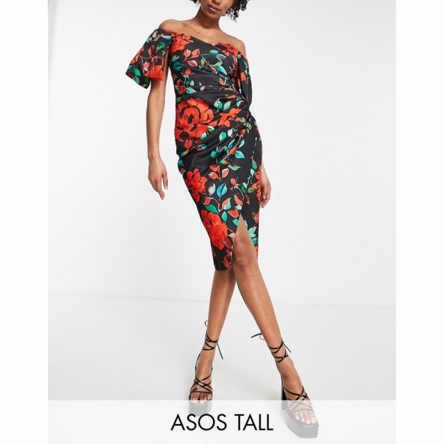 エイソス ASOS Tall レディース ワンピース ラップドレス ミドル丈 Tall Sweetheart Neck Wrap Tuck Off Shoulder Bardot Midi Dress In