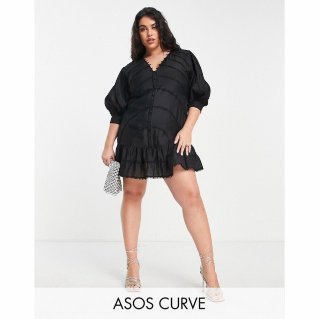 エイソス ASOS Curve レディース ワンピース ミニ丈 ワンピース・ドレス Curve Structured Mini Dress With Lace Trim Detail And Puff S