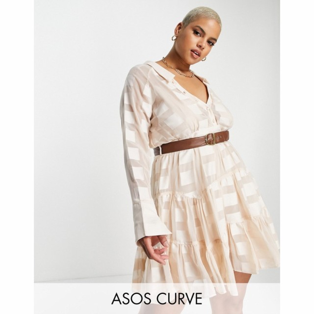 エイソス ASOS Curve レディース ワンピース ミニ丈 ワンピース・ドレス Curve Collar Mini Dress In Textured Square With Belt クリー