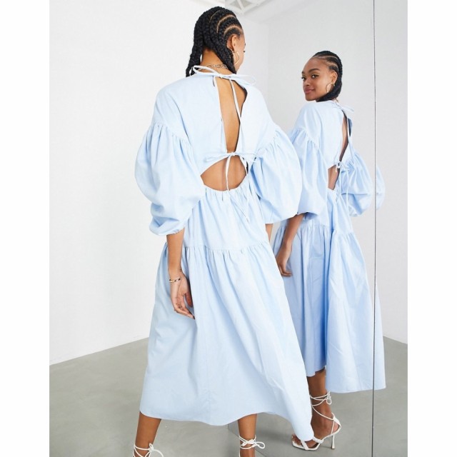 エイソス ASOS EDITION レディース ワンピース ワンピース・ドレス Midaxi Smock Dress With Tiers And Tie Back In Pale Blue ペールブ