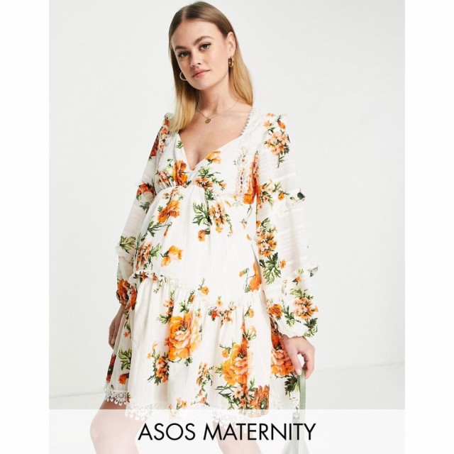 エイソス ASOS Maternity レディース ワンピース マタニティウェア Ａライン Maternity Lace Insert Tiered Mini Dress With Trim Detail