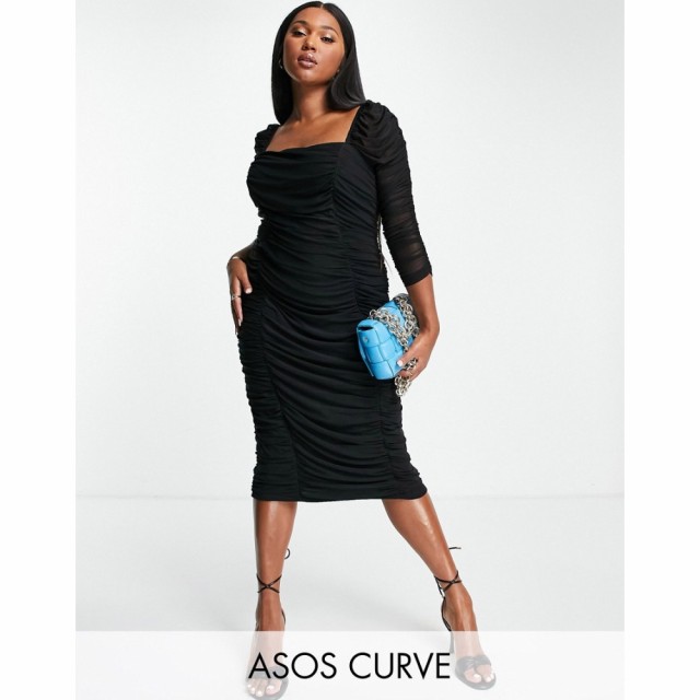 エイソス ASOS Curve レディース ワンピース ミドル丈 ワンピース・ドレス Curve Mesh Ruched Midi Dress With Puff Sleeve In Black ブ