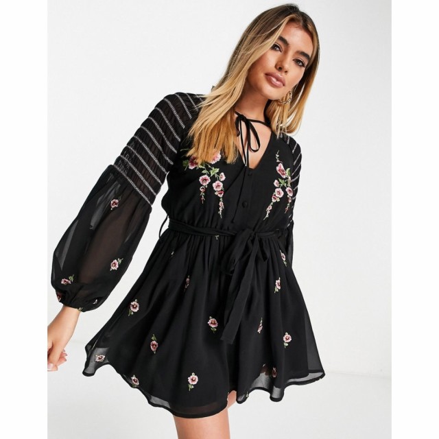 エイソス ASOS DESIGN レディース ワンピース ワンピース・ドレス Shirred Sleeve Button Through Mini Dress With Floral Embroidery ブ