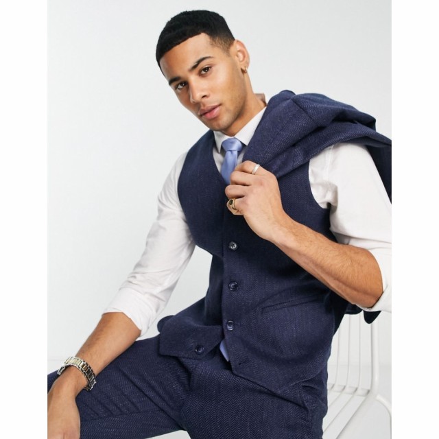 エイソス ASOS DESIGN メンズ ベスト・ジレ スーツ トップス Super Skinny Wool Mix Suit Waistcoat In Navy Herringbone ネイビー