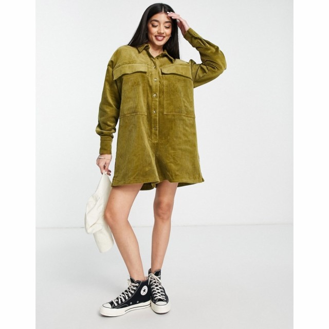 エイソス ASOS DESIGN レディース オールインワン ショート ワンピース・ドレス Oversized Cord Shirt Romper Playsuit In Olive Green