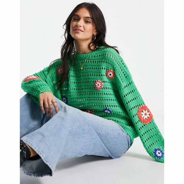 エイソス ASOS DESIGN レディース ニット・セーター トップス Jumper With Crochet Flowers In Green グリーン