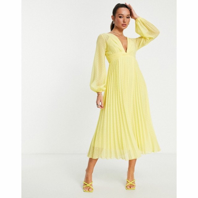 エイソス ASOS DESIGN レディース ワンピース ミドル丈 ワンピース・ドレス Dobby Twist Front Pleated Midi Dress In Yellow イエロー