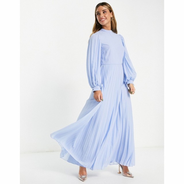 エイソス ASOS DESIGN レディース ワンピース マキシ丈 High Neck Pleated Long Sleeve Skater Maxi Dress In Cornflower Blue ペールブ