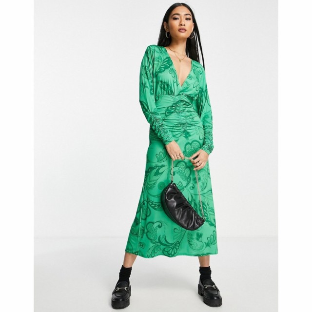 エイソス ASOS DESIGN レディース ワンピース ラップドレス ワンピース・ドレス Ruched Detail Wrap Maxi Dress In Green Paisley Print