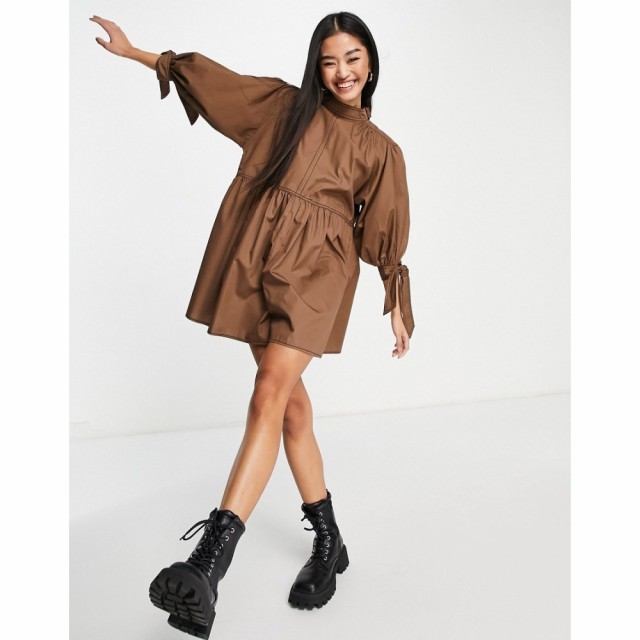 エイソス ASOS DESIGN レディース オールインワン ショート ワンピース・ドレス Contrast Stitch Tie Sleeve Smock Playsuit In Brown ブ