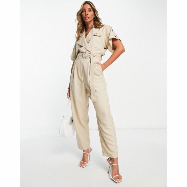 エイソス ASOS DESIGN レディース オールインワン ジャンプスーツ ワンピース・ドレス Short Sleeve Tux Belted Jumpsuit In Stone ベー