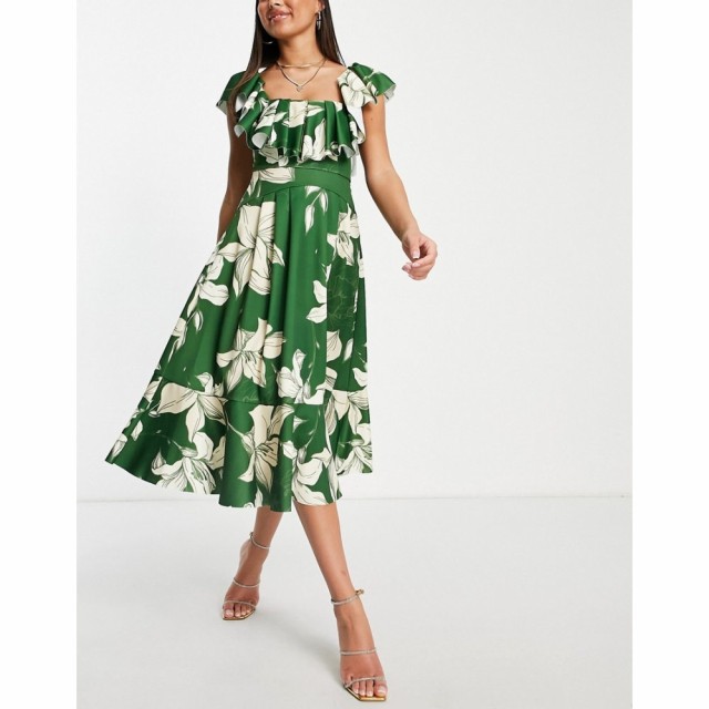 エイソス ASOS DESIGN レディース パーティードレス ワンピース・ドレス Extreme Frill Square Neck Prom Midi Dress In Green Floral Pr