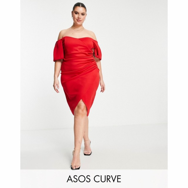 エイソス ASOS Curve レディース ワンピース ラップドレス ミドル丈 Curve Sweetheart Neck Wrap Tuck Off Shoulder Bardot Midi Dress I