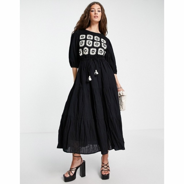 トップショップ Topshop レディース ワンピース ミドル丈 ワンピース・ドレス Crochet Panel Midi Dress With Monochrome In Black ブラ