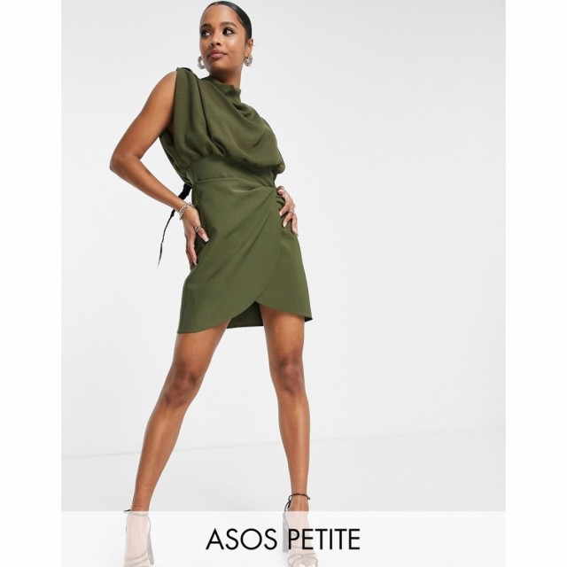 エイソス ASOS Petite レディース ワンピース ミニ丈 ワンピース・ドレス Petite Cowl Neck Blouson Mini Dress With Twist Skirt In Kha