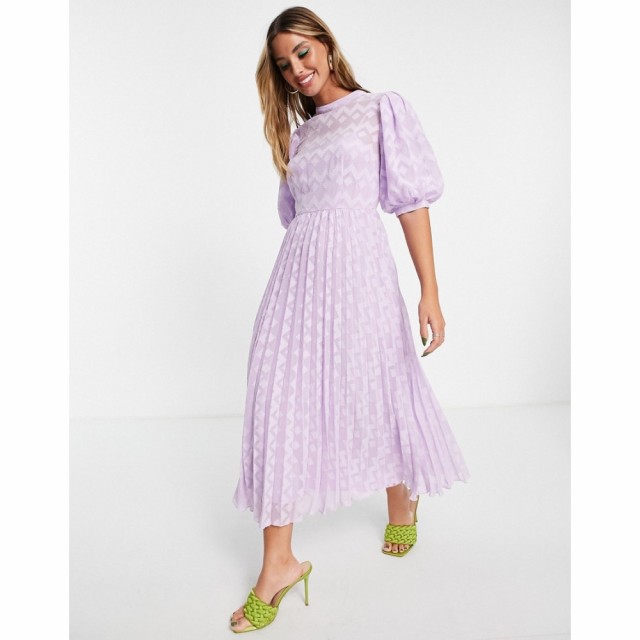 エイソス ASOS DESIGN レディース ワンピース ミドル丈 High Neck Pleated Chevron Dobby Midi Dress With Puff Sleeve In Lilac ライラ