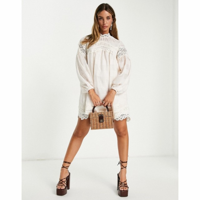 エイソス ASOS DESIGN レディース ワンピース ミニ丈 ワンピース・ドレス Premium Lace Trim Mini Smock Dress In Cream クリーム