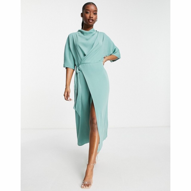 エイソス ASOS DESIGN レディース ワンピース ラップドレス ラップスカート ミドル丈 Cowl Neck Midi Dress With Wrap Skirt In Duck Egg