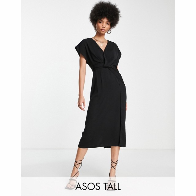 エイソス ASOS Tall レディース ワンピース ミドル丈 ワンピース・ドレス Tall Twist And Drape Front Midi Dress In Black ブラック