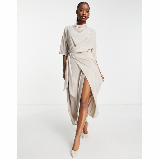 エイソス ASOS DESIGN レディース ワンピース ラップドレス ラップスカート ミドル丈 Cowl Neck Midi Dress With Wrap Skirt In Taupe ト