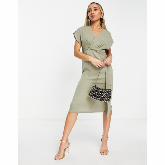 エイソス ASOS DESIGN レディース ワンピース ミドル丈 ワンピース・ドレス Twist And Drape Front Midi Dress In Khaki カーキ