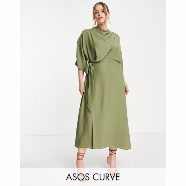 エイソス ASOS Curve レディース ワンピース ラップドレス ラップスカート ミドル丈 Curve Cowl Neck Midi Dress With Wrap Skirt In Kha