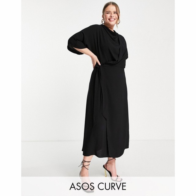 エイソス ASOS Curve レディース ワンピース ラップドレス ラップスカート ミドル丈 Curve Cowl Neck Midi Dress With Wrap Skirt In Bla