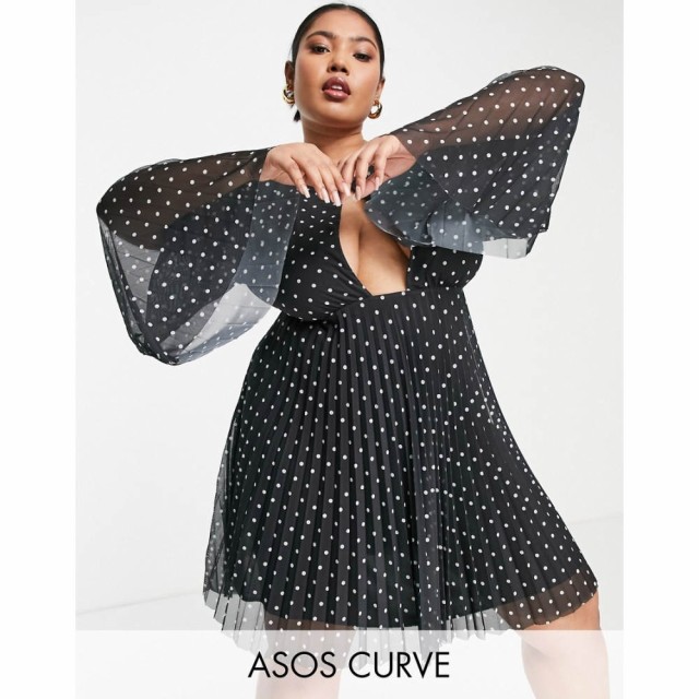 エイソス ASOS DESIGN レディース ワンピース ワンピース・ドレス Curve Pleated Flare Sleeve Mini Dress In Mono Polka Dot モノポルカ