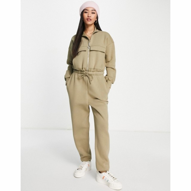 エイソス ASOS DESIGN レディース オールインワン ジャンプスーツ ワンピース・ドレス Brushed Fleece Half Zip Jogger Jumpsuit In Khak