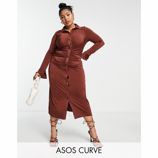 エイソス ASOS DESIGN レディース ワンピース スリム ミドル丈 シャツワンピース Curve Slinky Slim Fitted Midi Shirt Dress With Ruchi