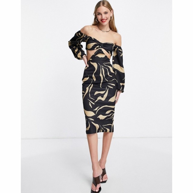 エイソス ASOS DESIGN レディース ボディコンドレス タイト ミドル丈 ワンピース・ドレス Cut Out Bardot Bodycon Midi Dress In Print