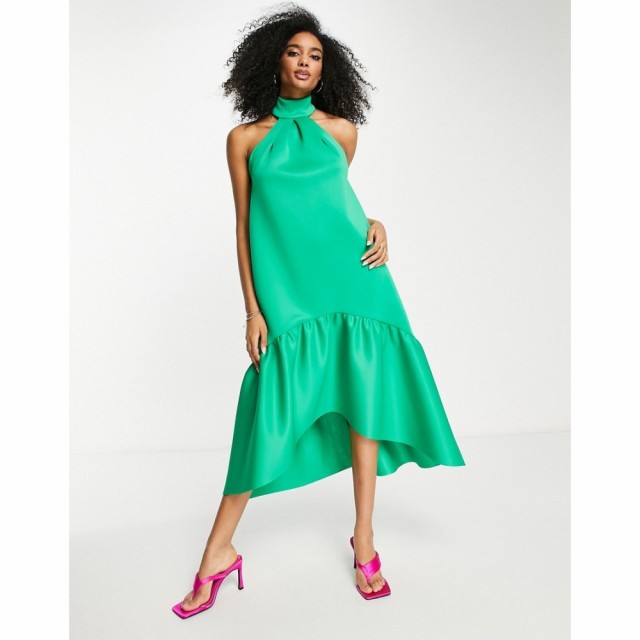 エイソス ASOS DESIGN レディース ワンピース ミドル丈 ワンピース・ドレス High Neck Trapeze Peplum Midi Dress In Green ブライトグリ