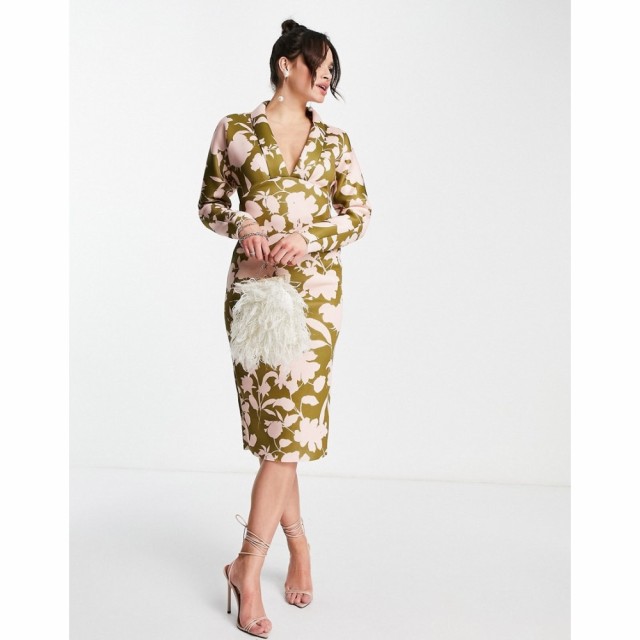 エイソス ASOS DESIGN レディース ワンピース タイト ミドル丈 ワンピース・ドレス Khaki Shadow Floral Midi Pencil Dress グリーンフロ