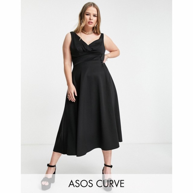 エイソス ASOS Curve レディース パーティードレス ミドル丈 ワンピース・ドレス Curve Button Detail Midi Prom Dress In Black ブラッ