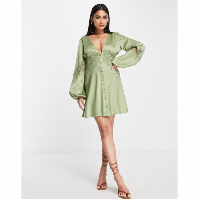 エイソス ASOS DESIGN レディース ワンピース ミニ丈 ワンピース・ドレス Satin Mini Dress With Delicate Lace Detail In Khaki カーキ