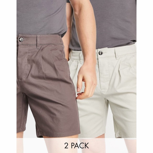 エイソス ASOS DESIGN メンズ ショートパンツ ボトムス・パンツ 2 Pack Chino Cigarette Shorts In Brown And Beige Save