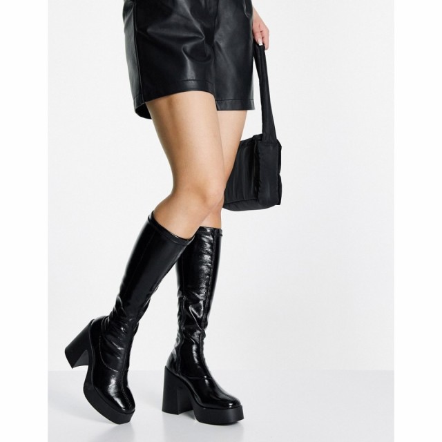 エイソス ASOS DESIGN レディース ブーツ ロングブーツ シューズ・靴 Challenge Chunky High-Heeled Knee Boots In Black Patent ブラッ