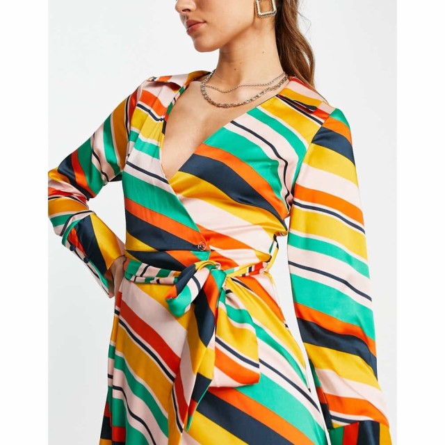 エイソス ASOS DESIGN レディース ワンピース ラップドレス ワンピース・ドレス Satin Wrap Midi Dress With Collar In Bright Multi Str