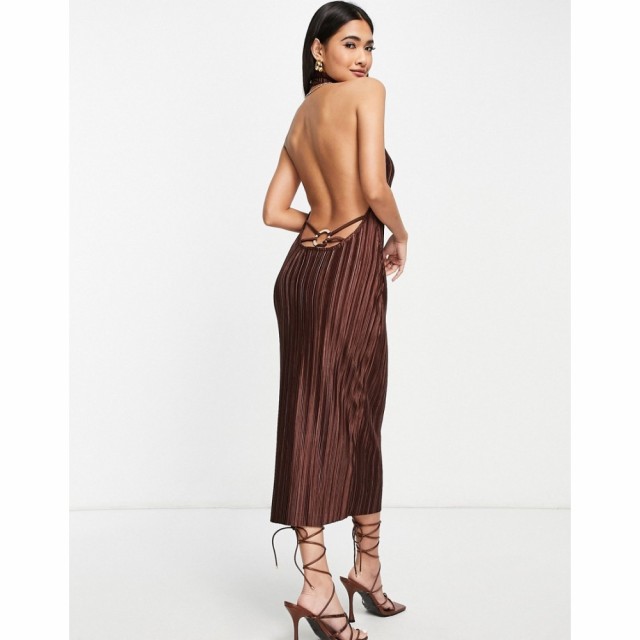 エイソス ASOS DESIGN レディース ワンピース ミドル丈 ワンピース・ドレス Plisse Ring Back Midi Dress In Chocolate ブラウン