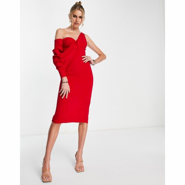 エイソス ASOS DESIGN レディース ワンピース ワンピース・ドレス Drape One Shoulder Asymmetric Midi Dress In Red レッド