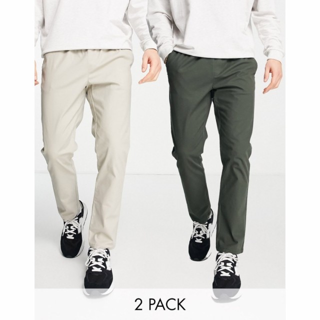 エイソス ASOS DESIGN メンズ チノパン スキニー・スリム ボトムス・パンツ 2 Pack Slim Chinos With Elastic Waist In Dark Green and B