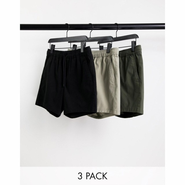 エイソス ASOS DESIGN メンズ ショートパンツ スキニー・スリム ボトムス・パンツ 3 Pack Slim Chino Shorts With Elasticated Waist Sav