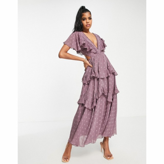 エイソス ASOS DESIGN レディース ワンピース Ａライン ワンピース・ドレス Dobby Tiered Midi Dress With Lace Insert And Open Back In